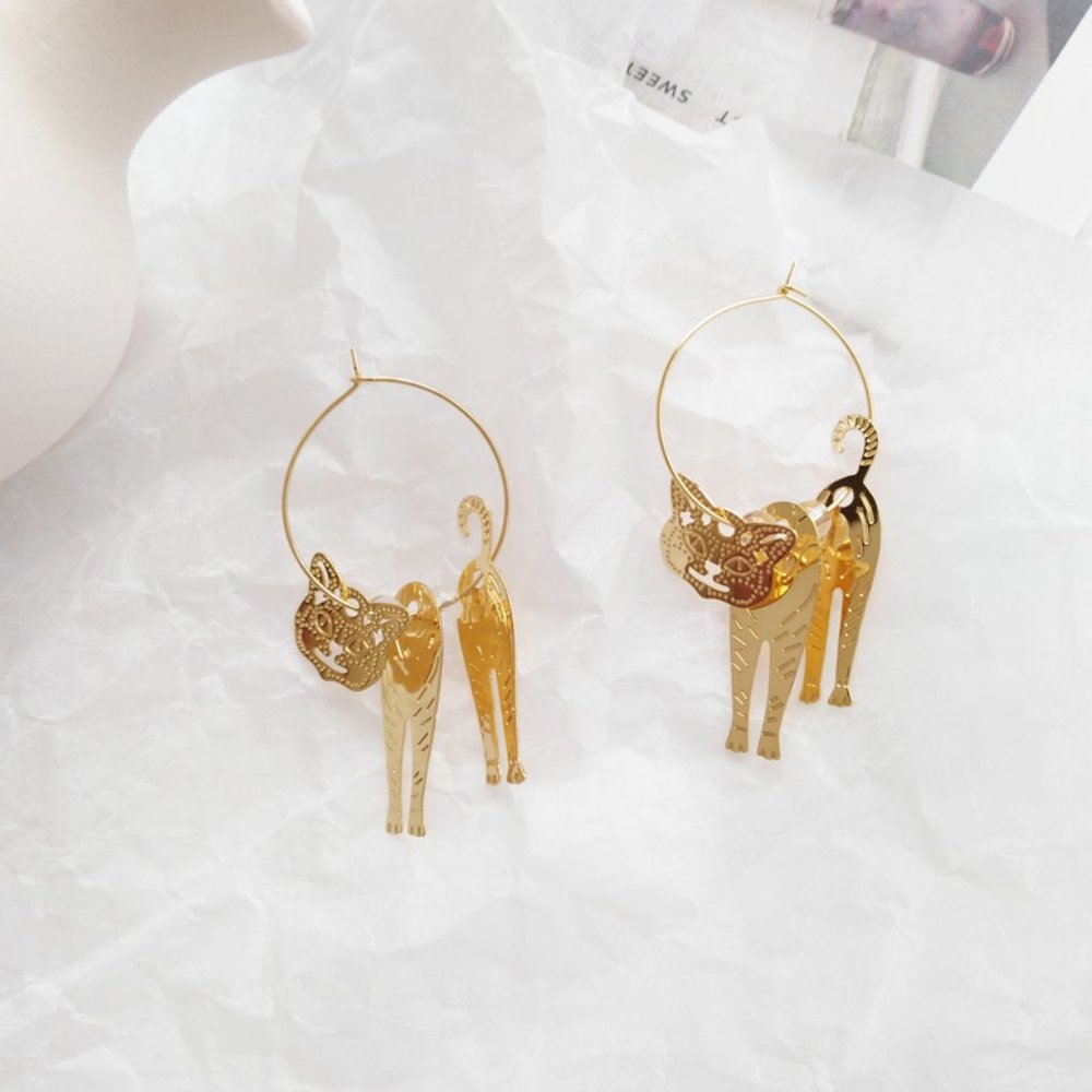 Cat Boho Engraved Kitty Hoops Earrings